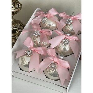 Shabby And Chic White Glass Christmas Ornaments 6 Pink Bow Pearl Jeweled 3”